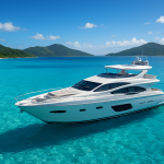 A luxury yacht anchored in crystal clear waters with lush green hills in the background.