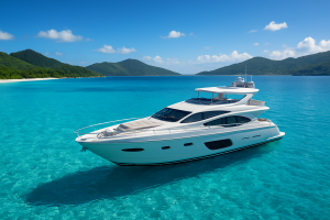 A luxury yacht anchored in crystal clear waters with lush green hills in the background.