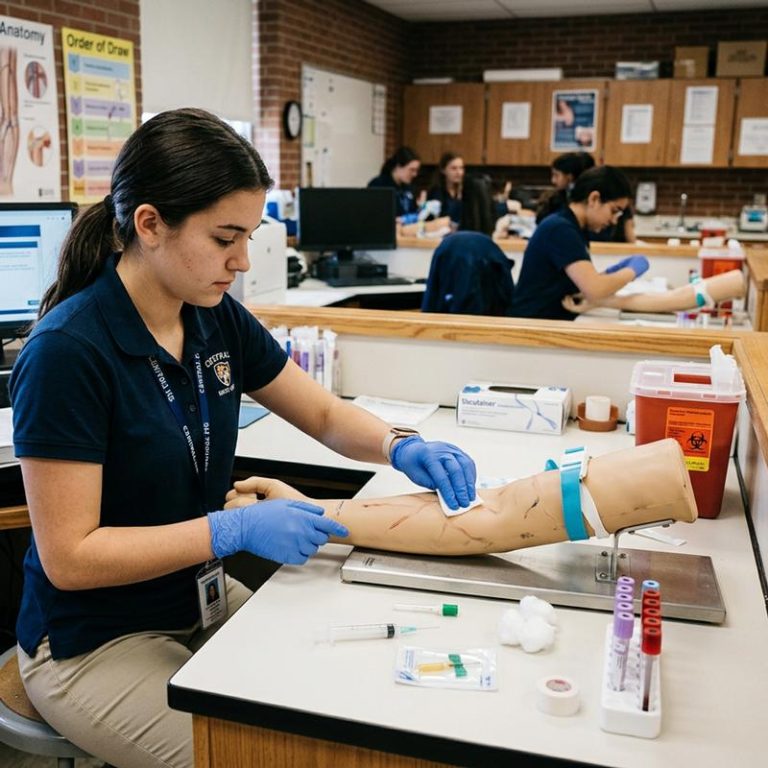 A student practicing medical procedures on a training mannequin in a classroom setting